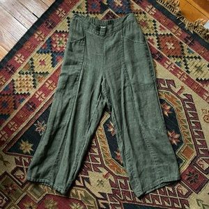 Flax 100% linen army green stretchy waistband flood pants size Small